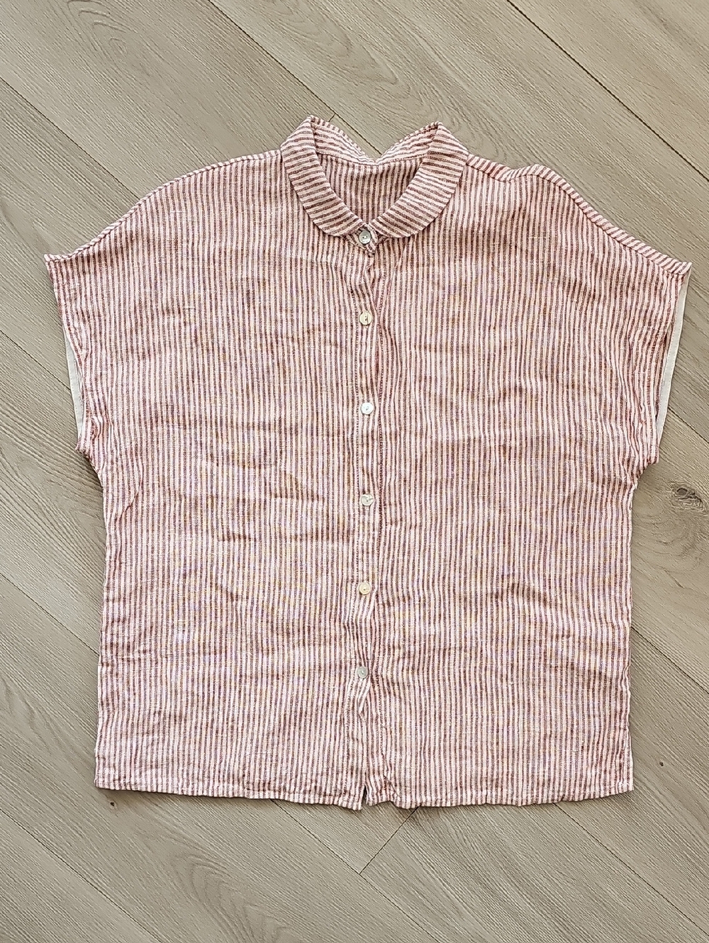 LZO Miss Hemp Red Vertical Striped Button Down Lagenlook Breathable Blouse, Med